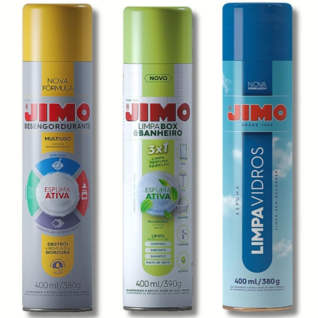 Kit JIMO: Limpa Vidros + Limpa Box e Banheiro + Desengordurante 400ml | Cozinha, Banheiro e Espelhos Brilhando!