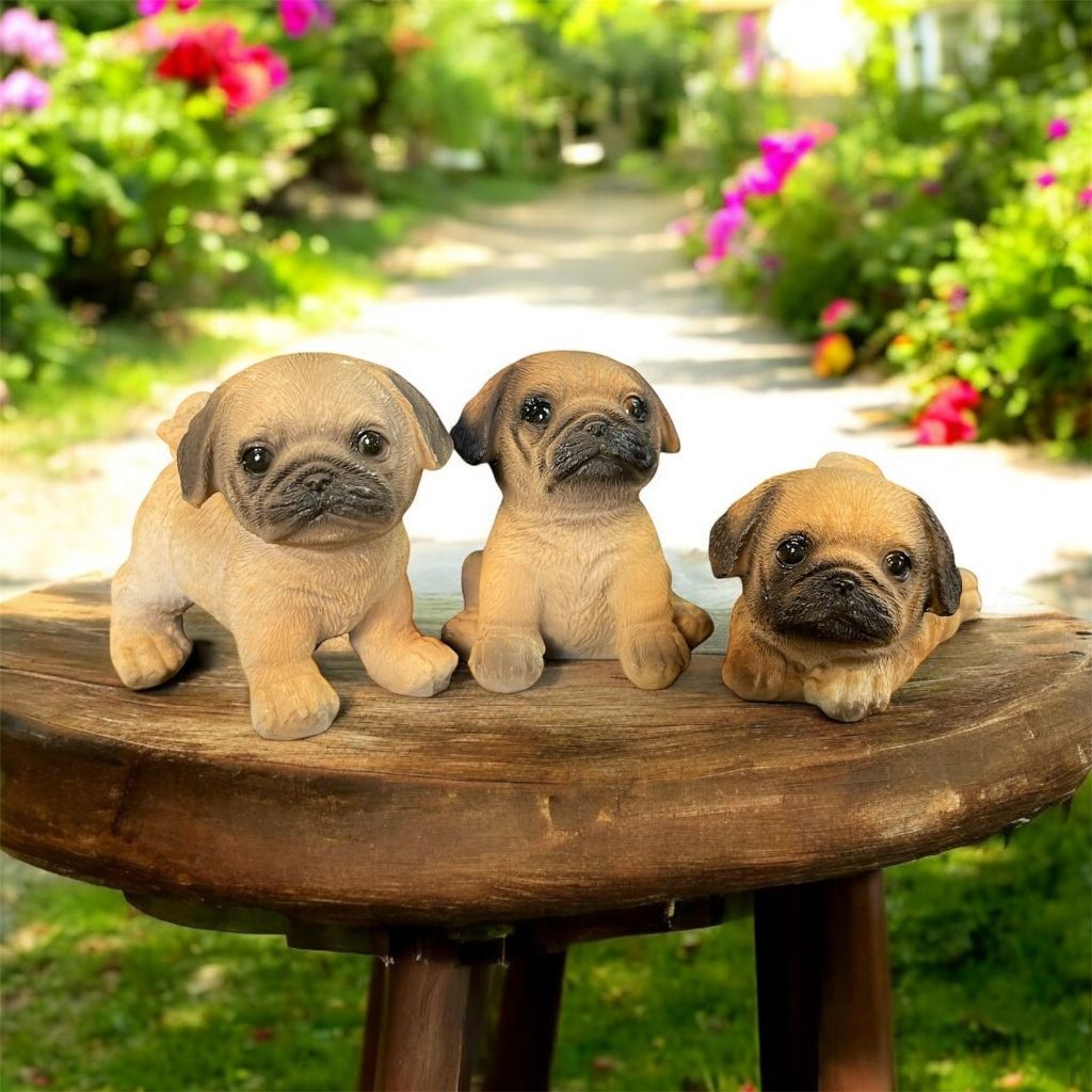 Decoração C/ 3 Mini Cachorros Em Resina Pug Pet Enfeite Escultura