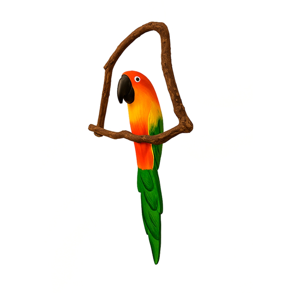 Mini Escultura Pássaro de Madeira Arara Verde no Cipó | Decoração Artesanal da Fauna Brasileira