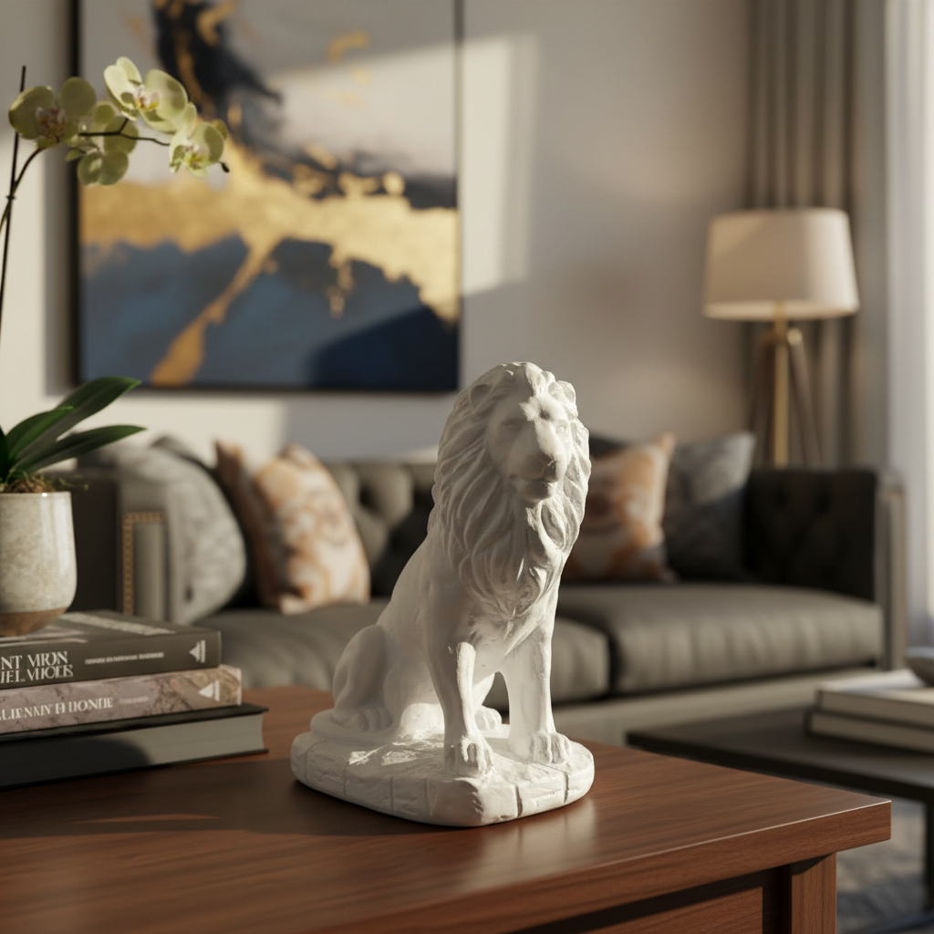 Escultura Mini LEÃO SENTADO - Elegância na Decoração Poder Força Proteção Rei da Selva Gesso Luxo