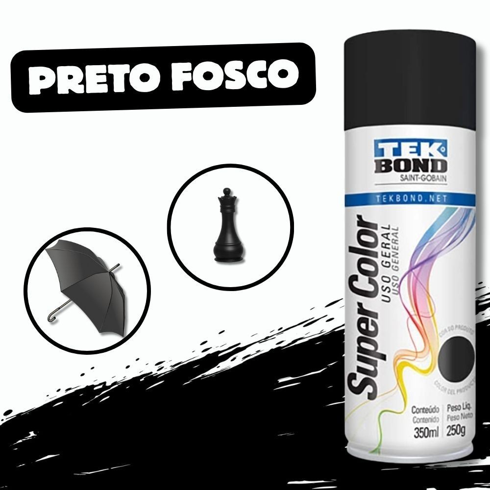Tekbond Tinta Spray Preto Fosco – 350ml para Madeira, Metal e Mais