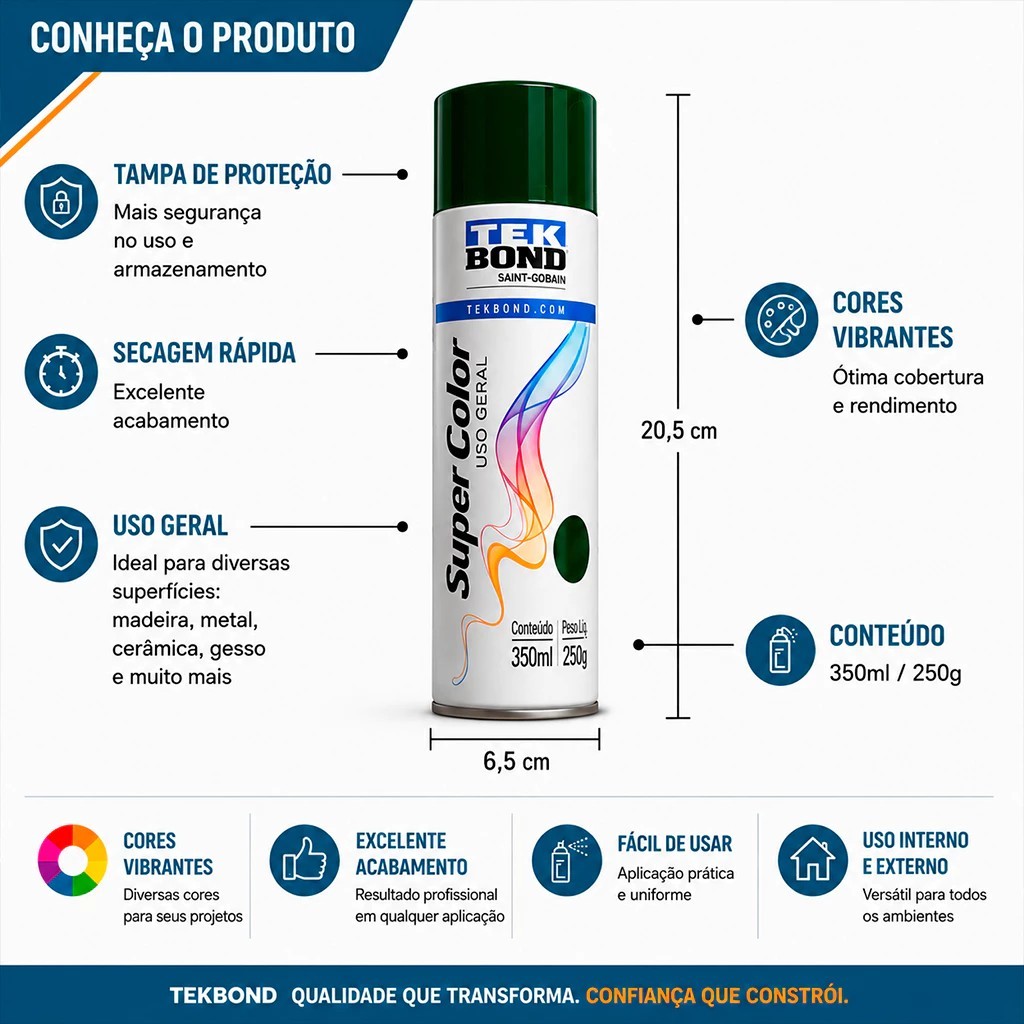 Kit 02 Tinta Spray Tekbond Uso Geral 350ML Branco brilhante Secagem Rápida Alta Performance