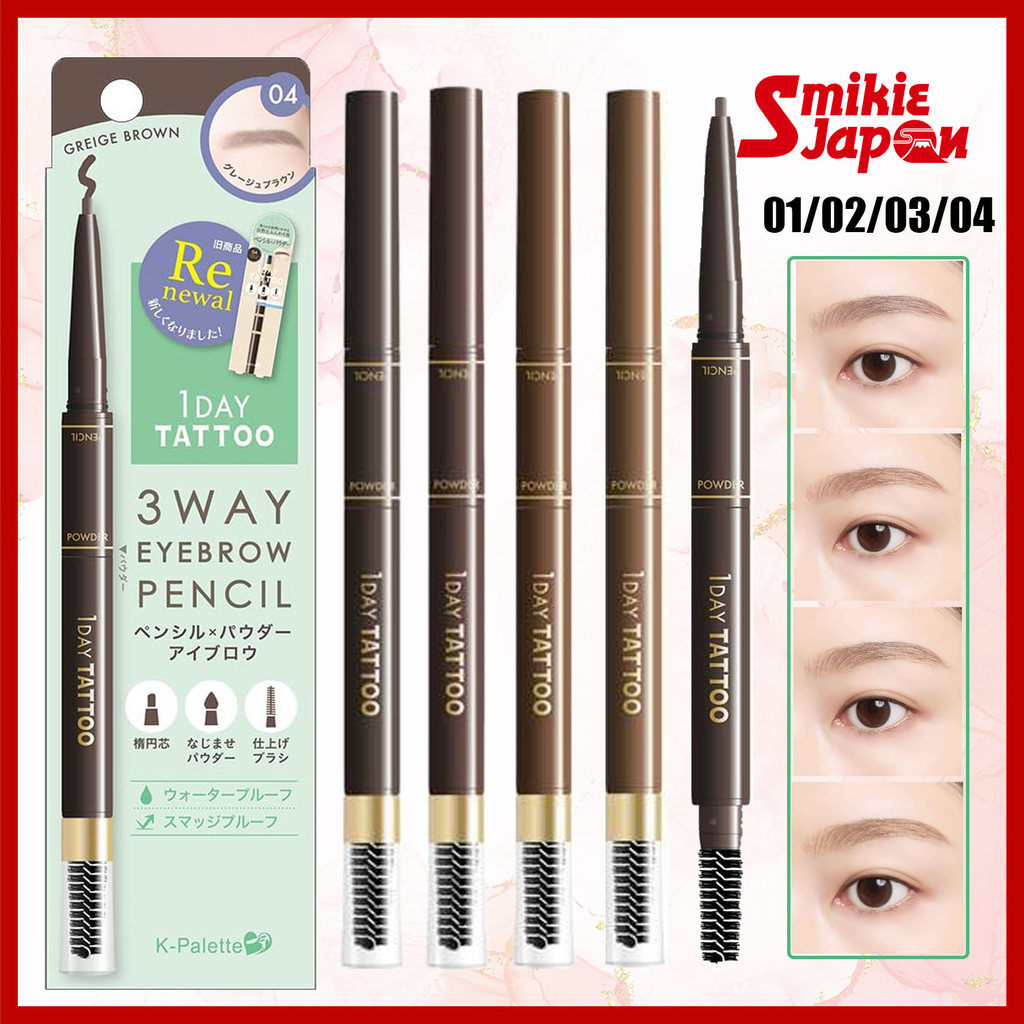 K-Palette 1 DAY TATTOO 3 in 1 Eyebrow Pencil Powder Brush Long Lasting Brow Pen 0.1g+0.3g 01 Milk Tea Brown 02 Natural Brown 03 Cocoa 04 Grayish Japan