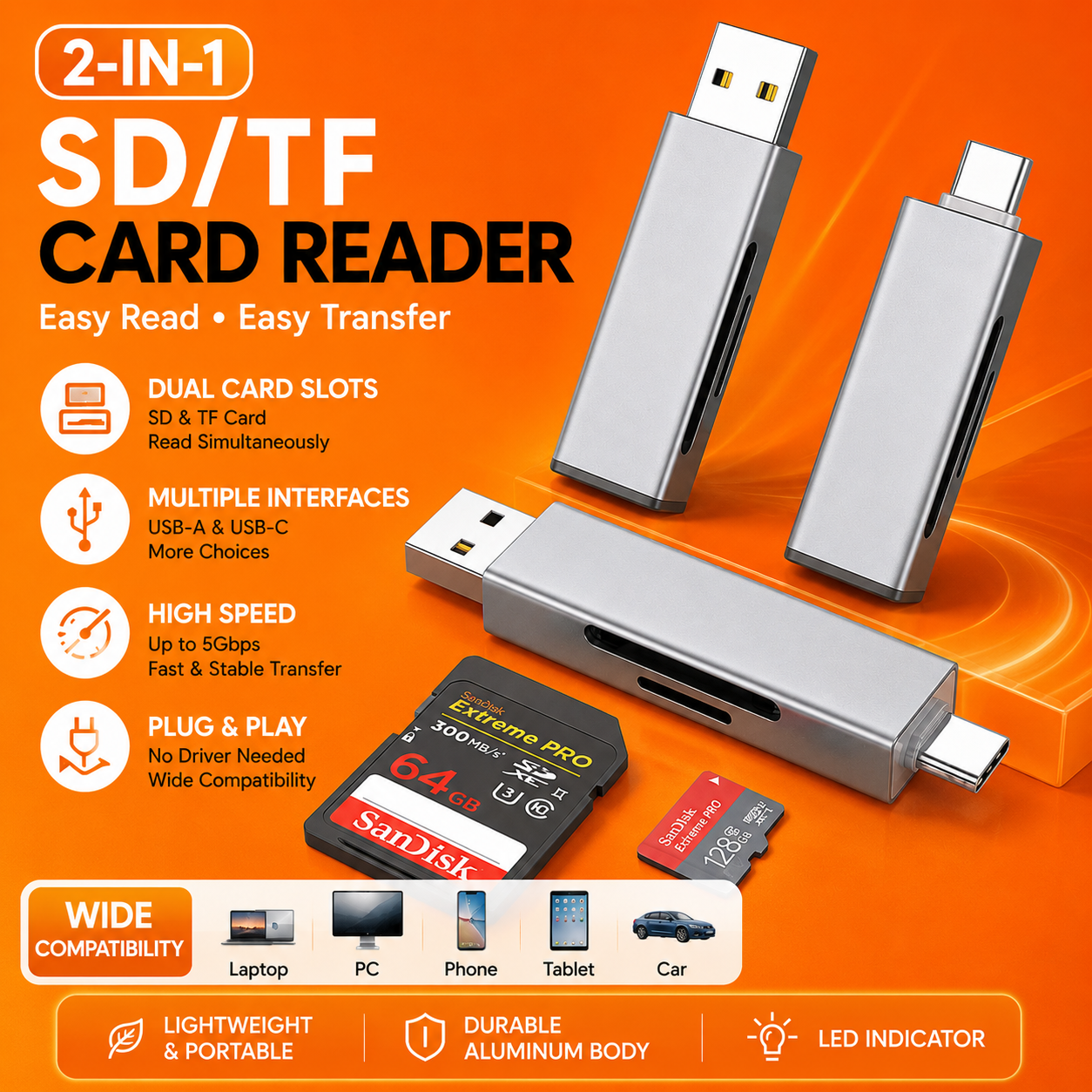 TKZJ USB 2.0 Tipo-C 2 Em 1 Adaptador De Leitor De Cartão De Memória SD/TF Para Drone/Telefone/Laptop , Liga De Alumínio