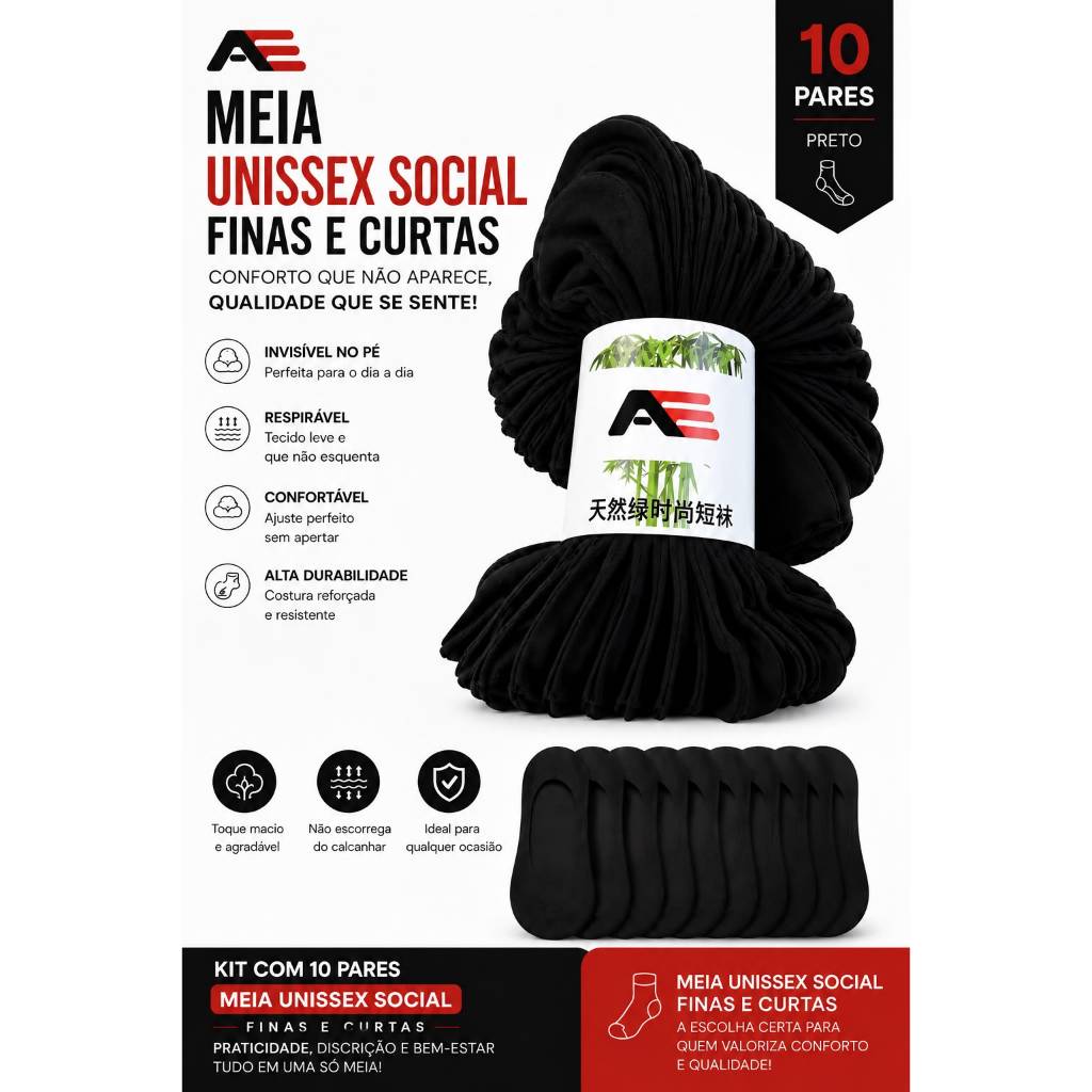 Kit 10 Pares de Meia Unissex Social Fina e Curta – Cor Preta.