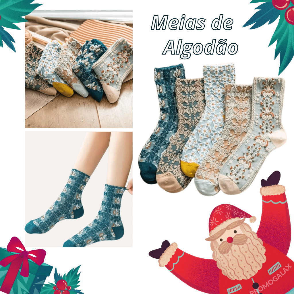 5 Pares de Meias Femininas Estilo Retro Finas Personalizadas De Algodão De Renda - Adulto