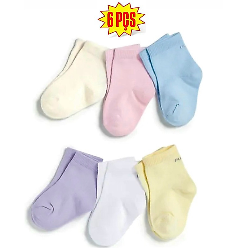Kit 6 Pares de Meia Lisa Recém Nascido Bebê Infantil RN de 0 a 6 Meses Menino e Menina Meia Fina Estica 6 e 3 Unidades