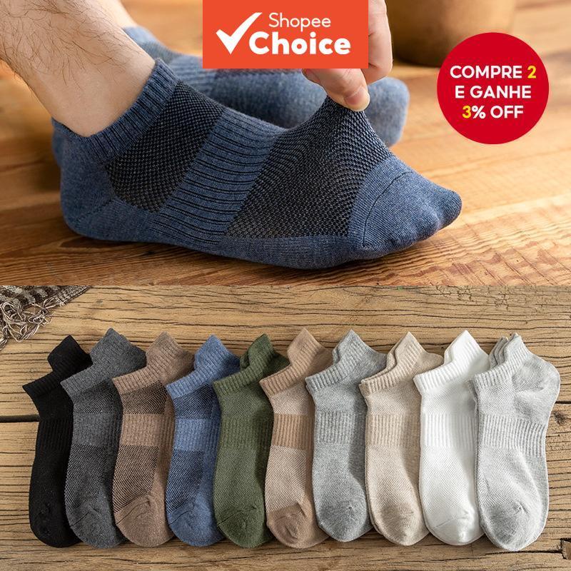 5/10 Pares De Meias Esportivas De Malha Para Homens , Algodão Macio | Respirável Casual Fino Azul/Preto/Cáqui/Branco E M