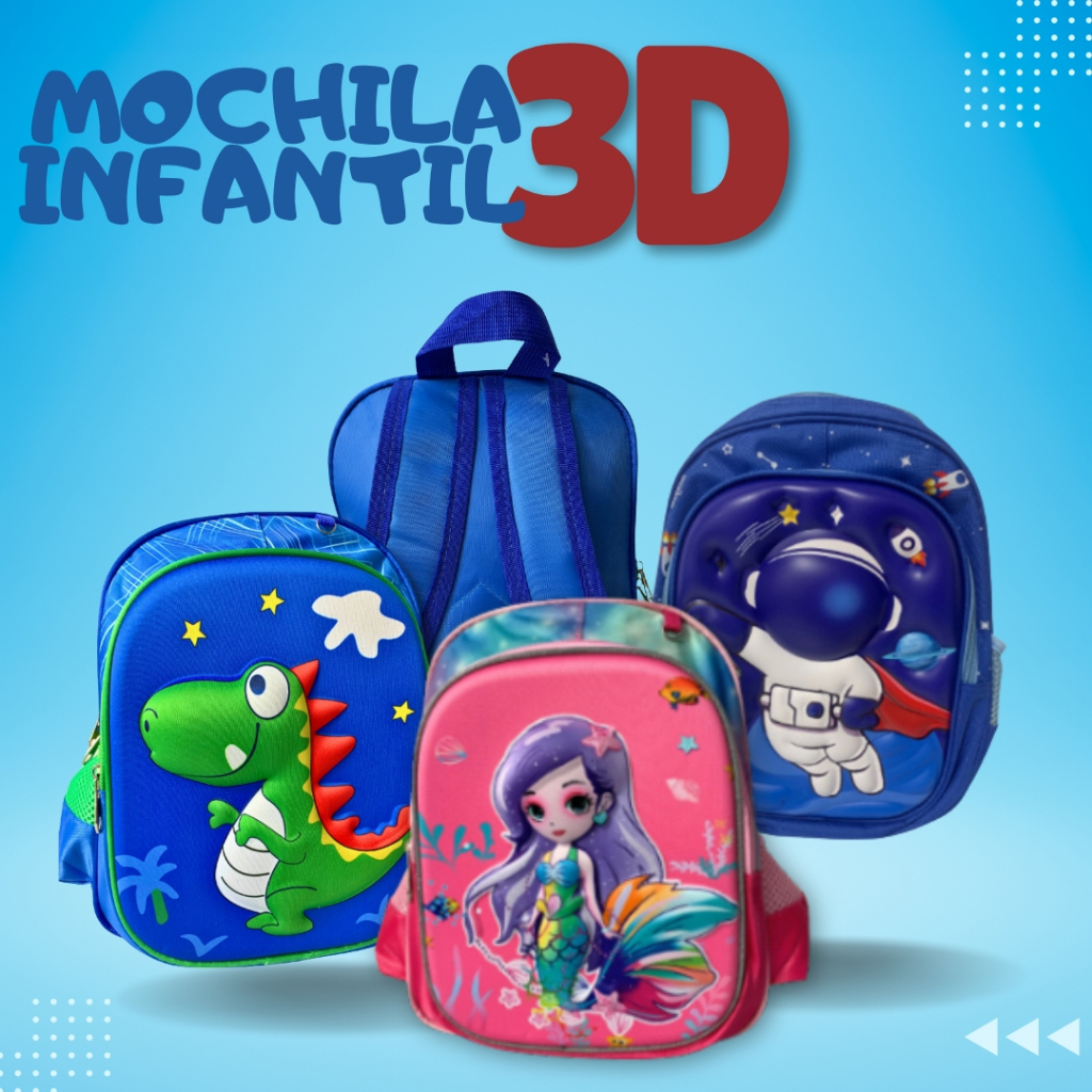 Mochila Infantil 3D Escola Creche Colegio Dinossauro Astronauta Passeio Unissex