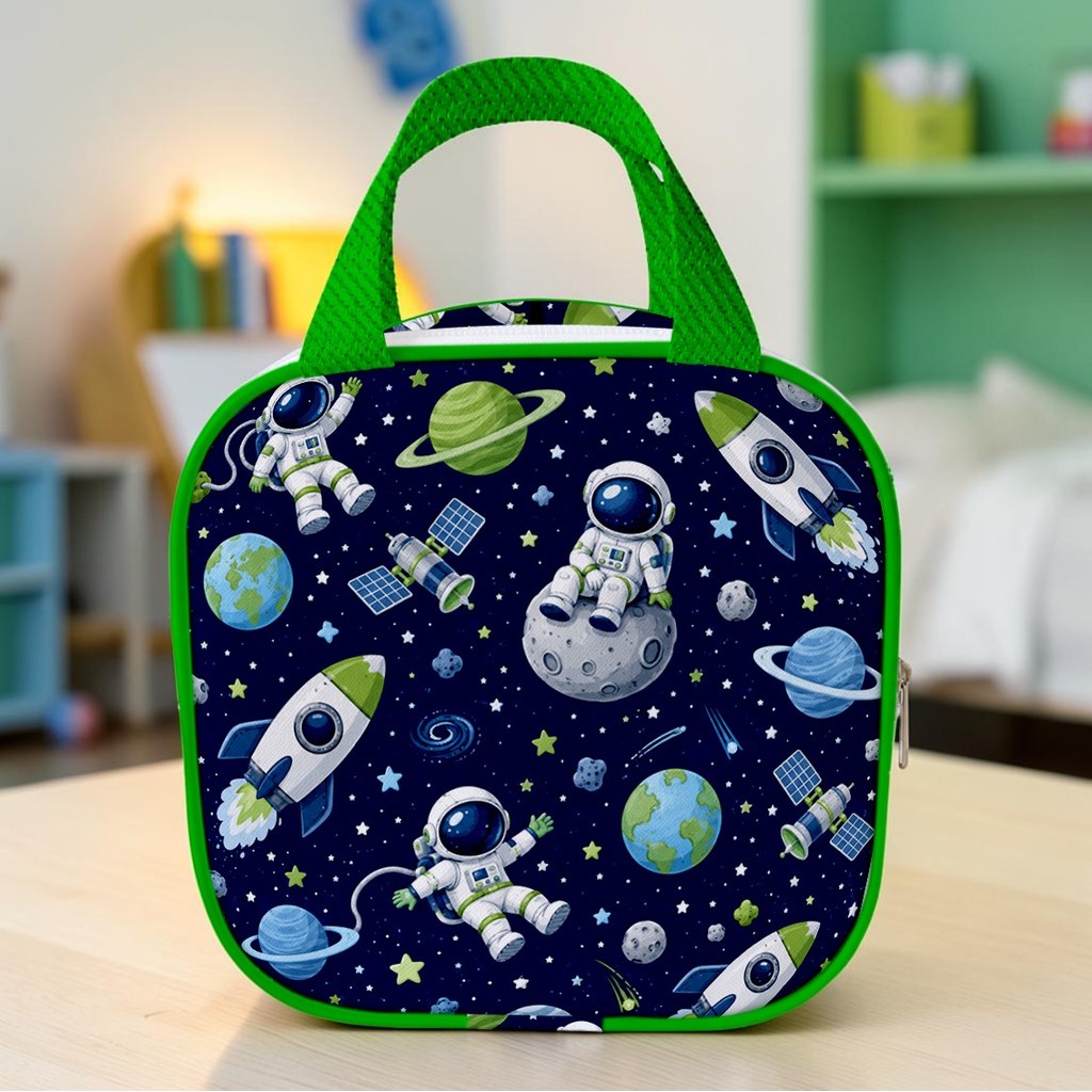 Lancheira Infantil Escolar Astronauta Espaço Personalizada Bolsa Lanche Marmita Creche Passeio Menino Nylon 600 20x20x8