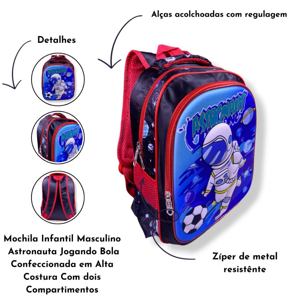 Mochila Infantil Astronauta Capa Dura 3D Escolar Passeio Com 2 Bolsos