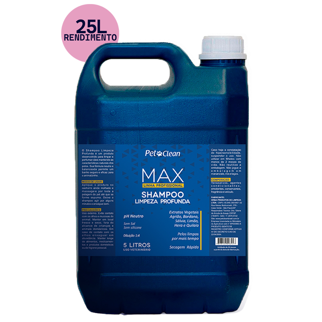 Shampoo Pet Shop Banho Cachorro e Gato Limpeza Profunda Linha Max Profissional 5 Litros Pet Clean