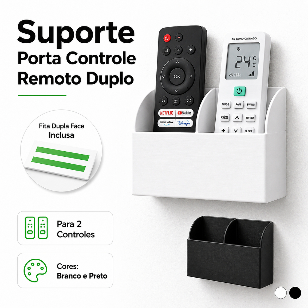 Porta Controle Remoto TV, Ar Condicionado Universal Organize Sem Bagunça Suporte Duplo de Parede