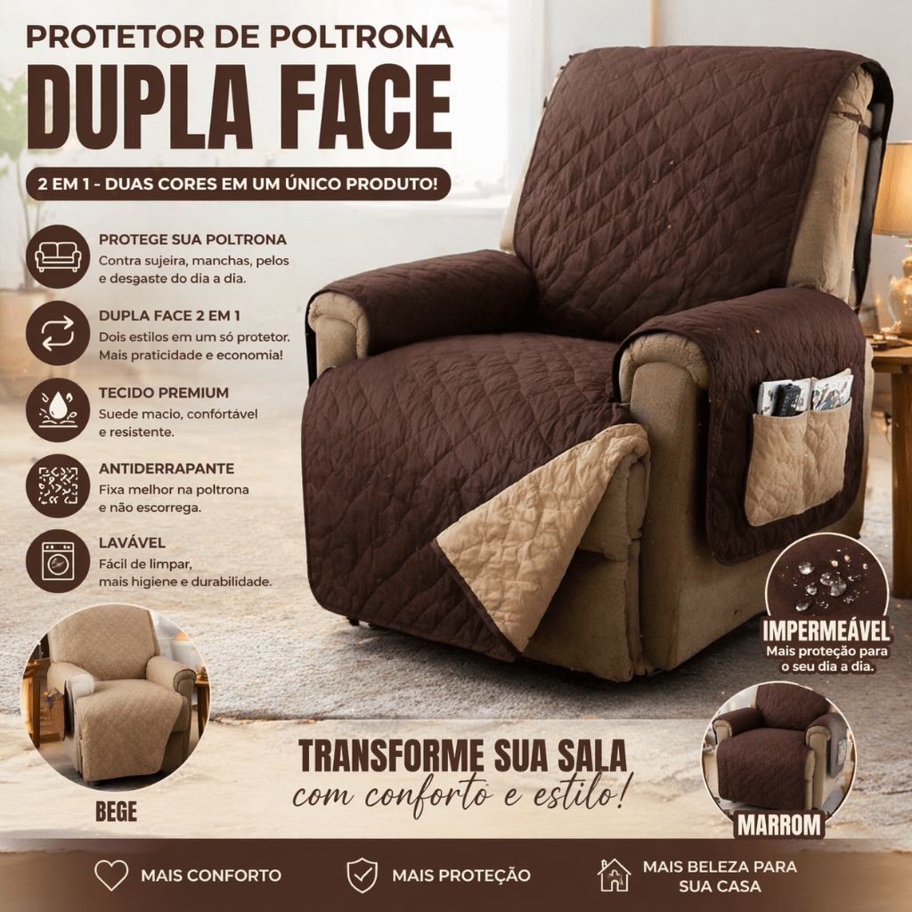 Capa de Poltrona Impermeável Dupla Face | Protetor 2 em 1 Lavável Antiderrapante Conforto