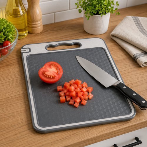 Tábua Corte Antiderrapante 36cm Cozinha Resistente Durável Afiador Dupla Face Aço Inox e PP Higiênico