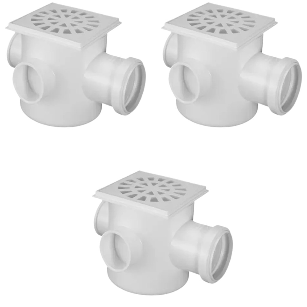 Caixa Sifonada Quadrada DN 100x100x50 PVC c/ Grelha | Akato | Kit 03 Un