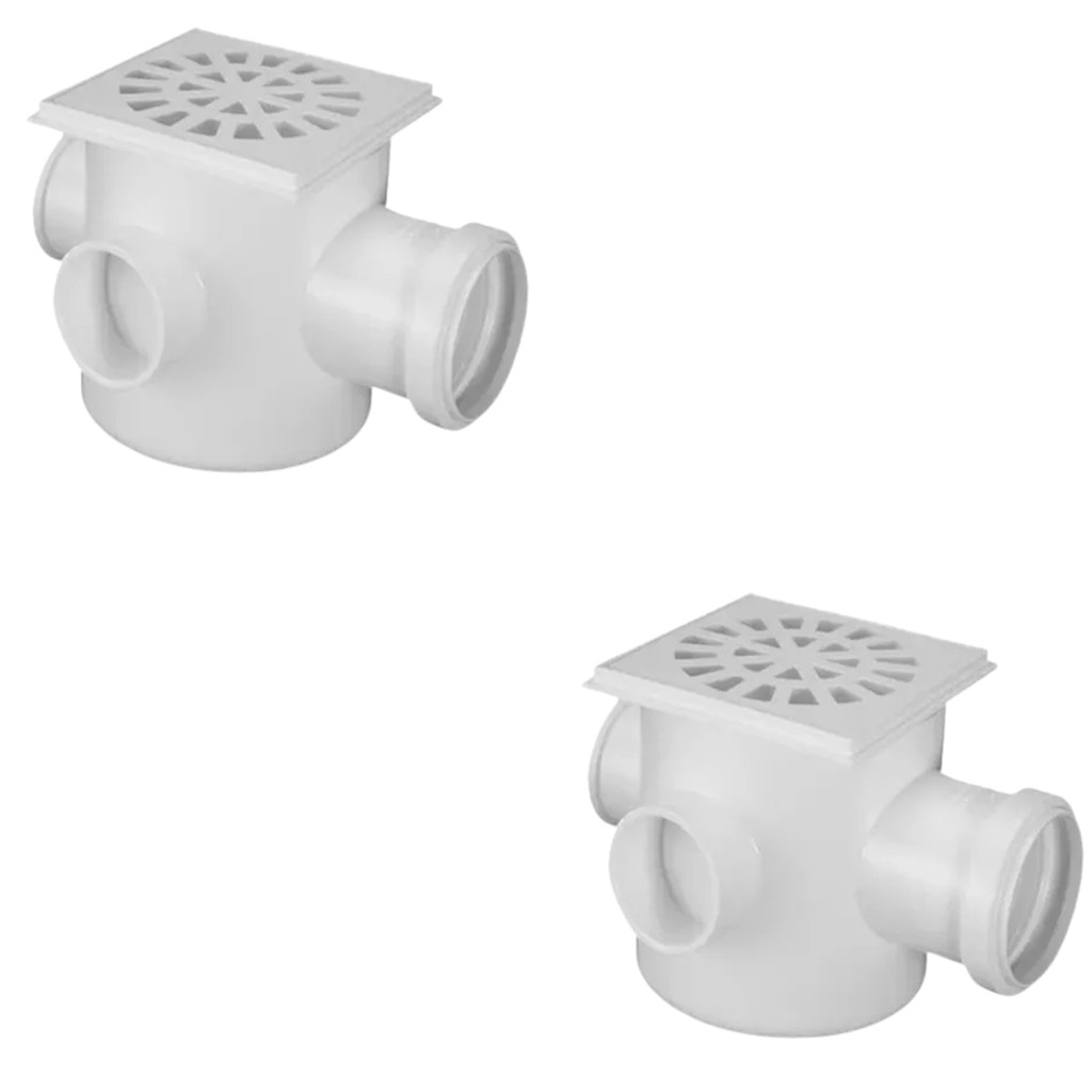 Kit 2 Caixas Quadradas DN 100x100x50 PVC com Grelha Akato Ralo Caixa Sifonada para Banheiro Cozinha Quintal Casa