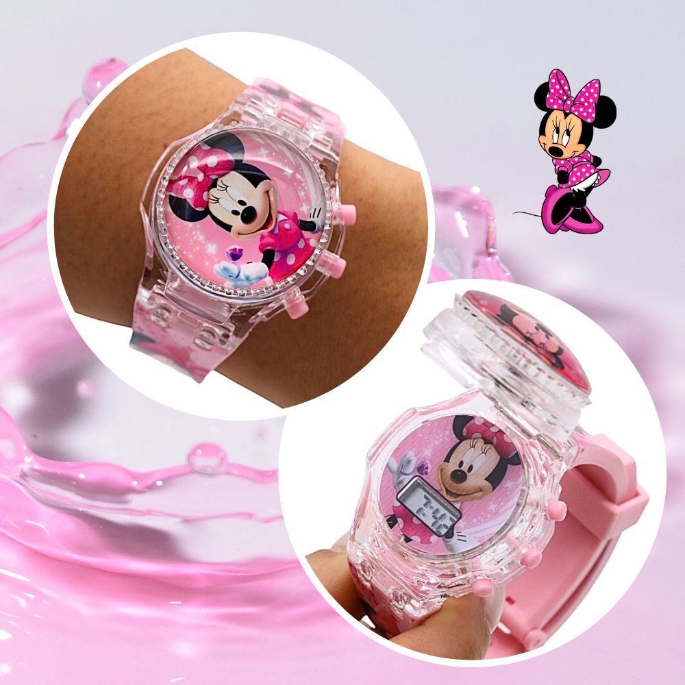 Relógio infantil Personagens Minnie Cartoon Pulseira de silicone c/ toque e luzes Coloridas Meninos e Meninas