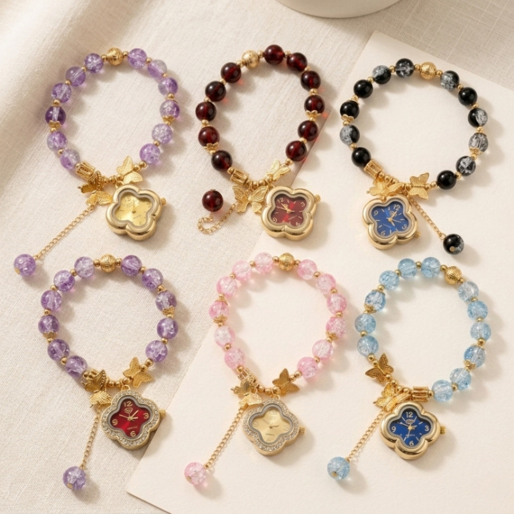 Pulseira Feminina De Miçangas Com Pingente Relógio Lançamento 2026