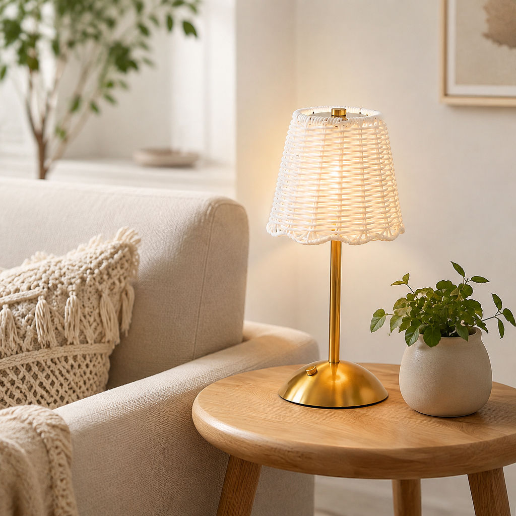 Rattan Woven Table Lamp Boho Touch Control Rechargeable Desk Lamp For Bedroom Nightstand