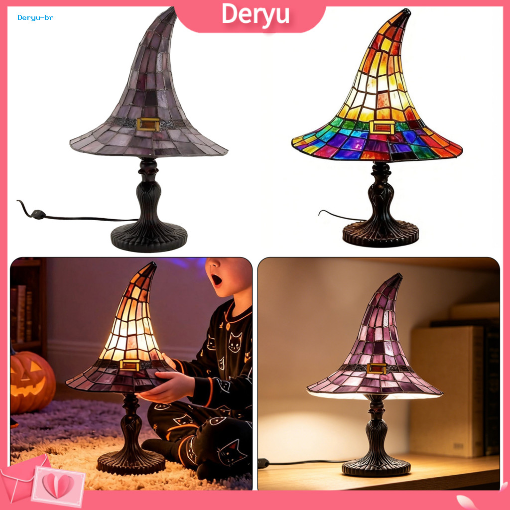 Bedside Atmosphere Lamp Stained Glass Witch Hat Usb Powered Resin Night Light Gothic Halloween Table for Bedroom Bookshe