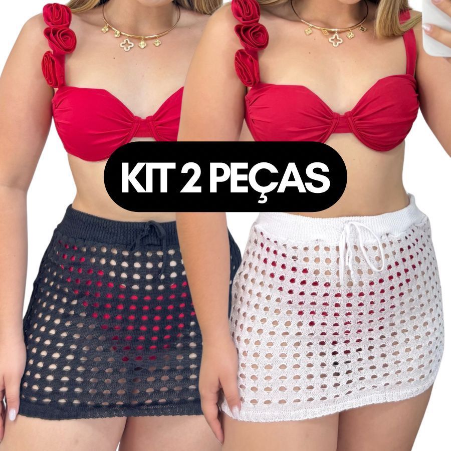 KIT 2 Saias CURTA Tricot Furadinha  – Saída de Praia Feminina Estilo Verão / Mini Saia Tricô