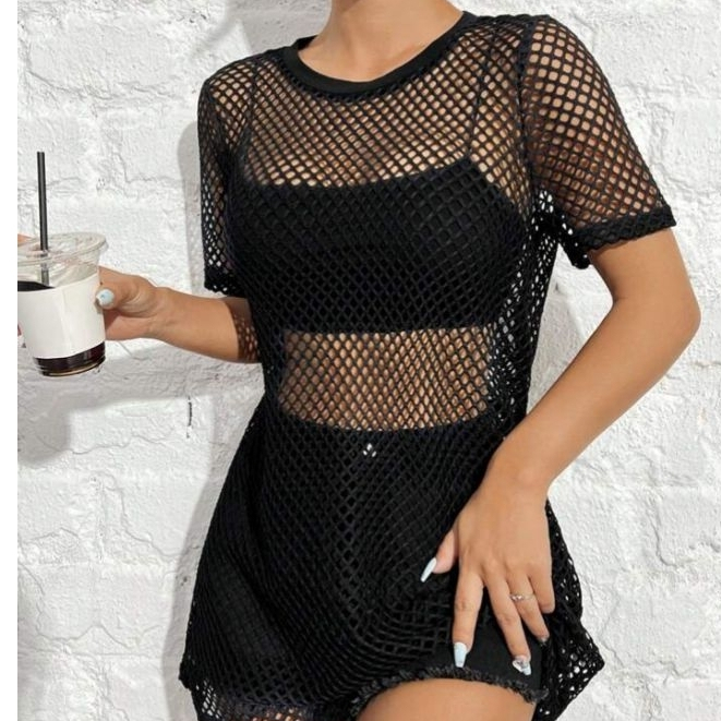 Saia Mini renda tela Arrastão Moda praia Feminina