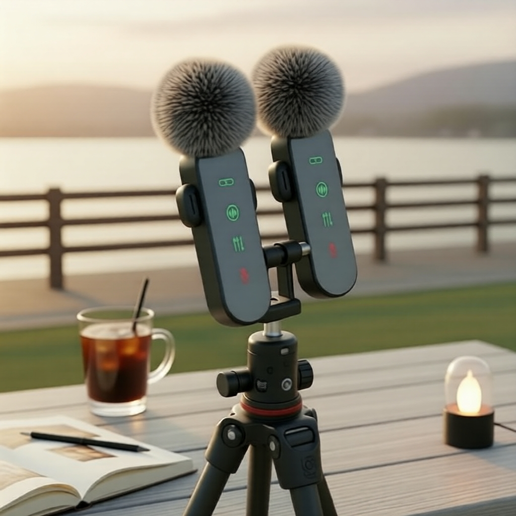 Microfone de Lapela Duplo Wireless, Cancelador de Ruído, Compatível com iPhone e Android, Plug & Play, Ideal para Vlogs