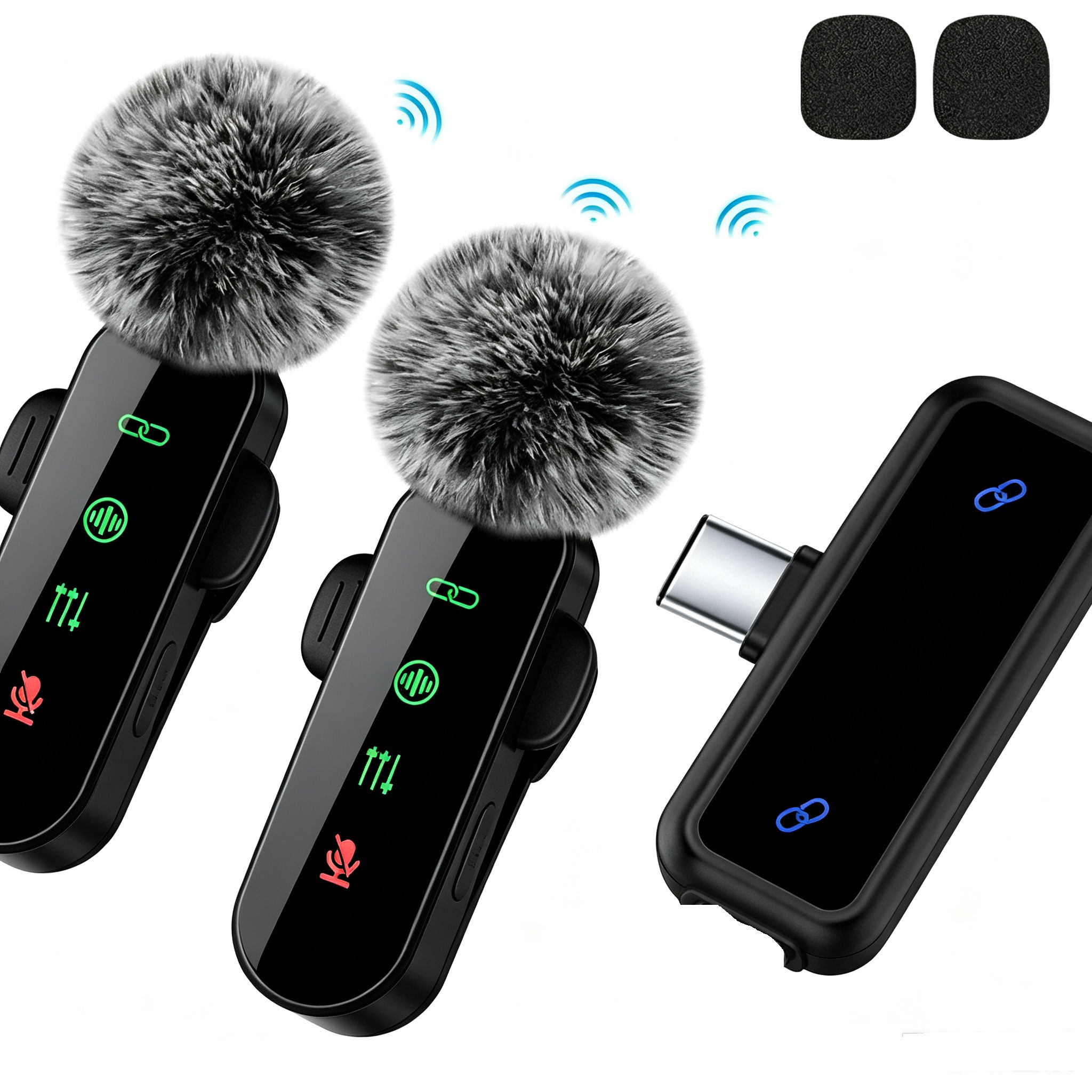 Microfone de Lapela Wireless com Microfones Duplos, Redução de Ruído, Plug & Play, para Vlogs e Transmissões ao Vivo