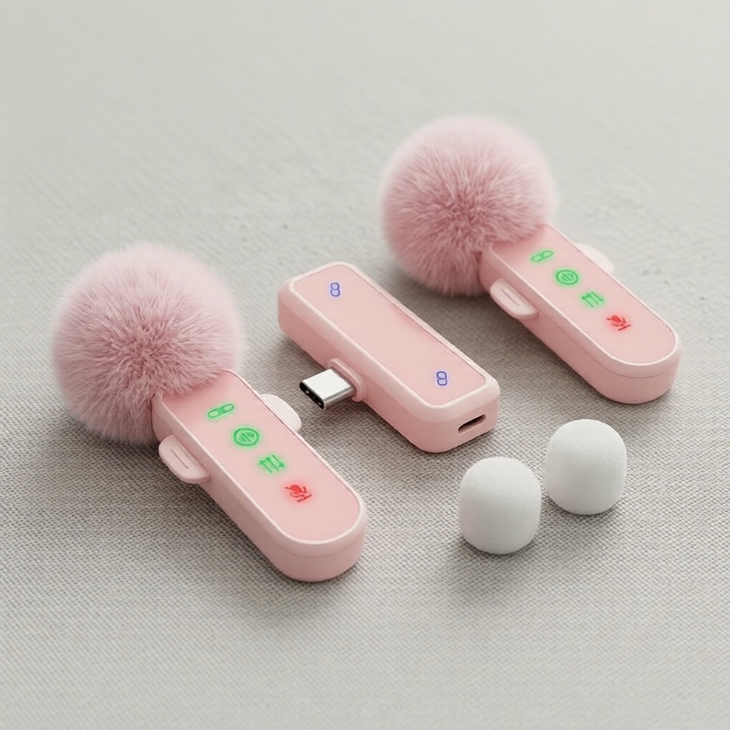 Microfone de Lapela Duplo Wireless Tipo-C Rosa, Portátil com Cancelamento de Ruído para Android, Ideal para Transmissões
