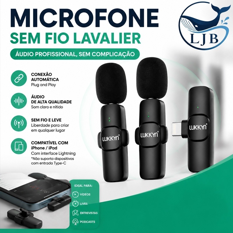Microfone de Lapela Wireless com Redução de Ruído Duplo para Vlog, Compatível com Type C, Live e Ensino IP-2