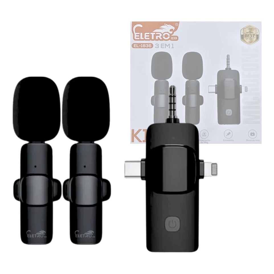 Microfone de Lapela Sem Fio Eletro Mex EL-1836 K15 3 em 1 Duplo Wireless P2 3,5mm para Celular e Notebook
