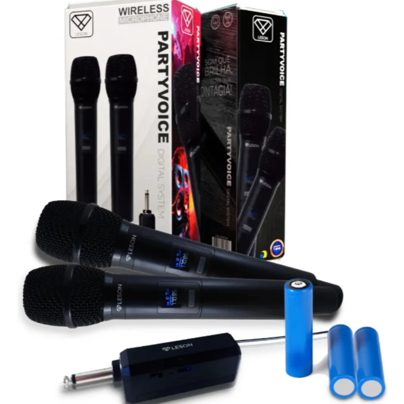 Microfone Duplo Wireless Profissional LS302 Sistema Digital Hi-Fi Bateria Lítio Partybox Partyvoice