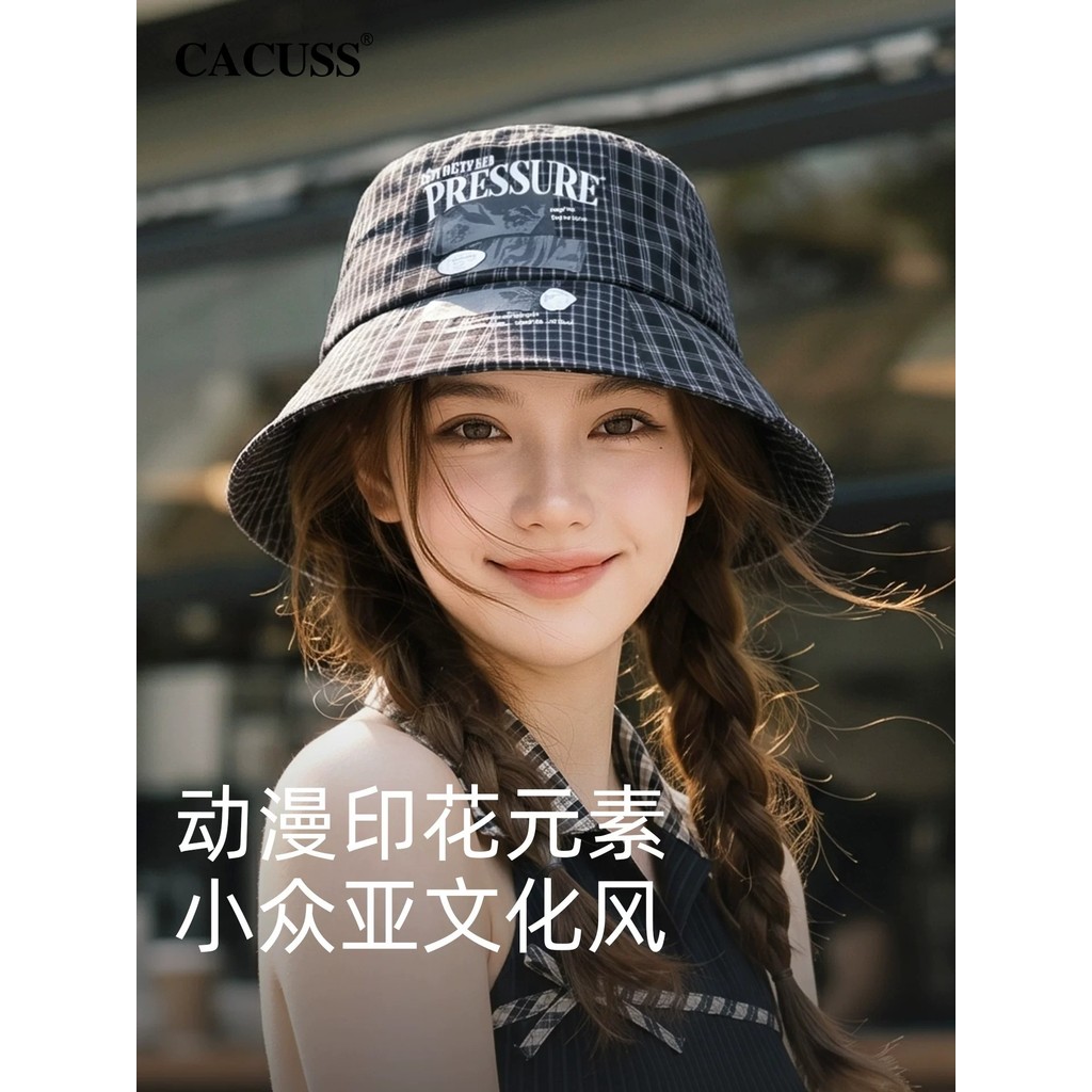 CACUSS Chapéu balde xadrez feminino verão chapéu de algodão puro pequeno rosto balde chapéu moda desenho animado impress