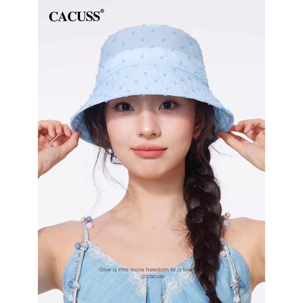 CACUSS Chapéu Feminino Primavera Verão Novo Estilo Polka Dot Balde Chapéu Doce Sombrinha Pequeno Rosto Balde Chapéu Seer
