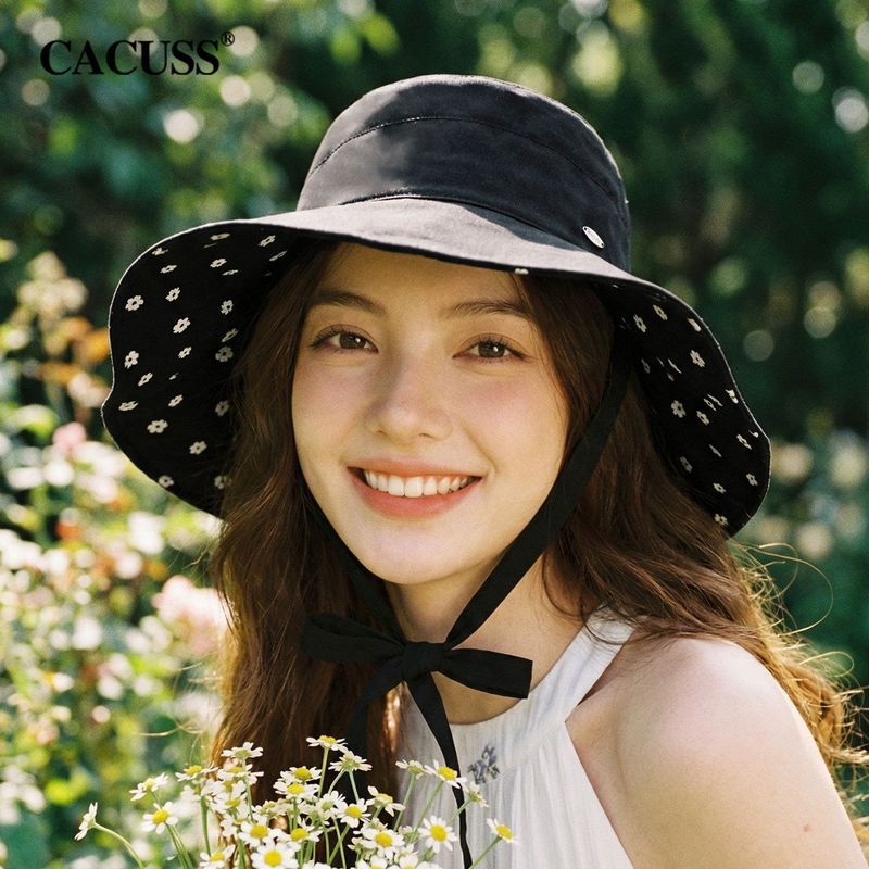 [CACUSS] Chapéu de sol feminino verão novo estilo aba grande protetor solar ao ar livre balde de lazer Floral puro algod