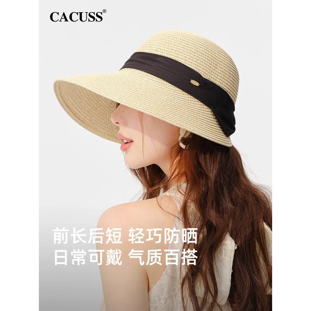 CACUSS Chapéu de palha com laço doce feminino primavera verão aba grande chapéu de sol dobrável protetor solar ao ar liv