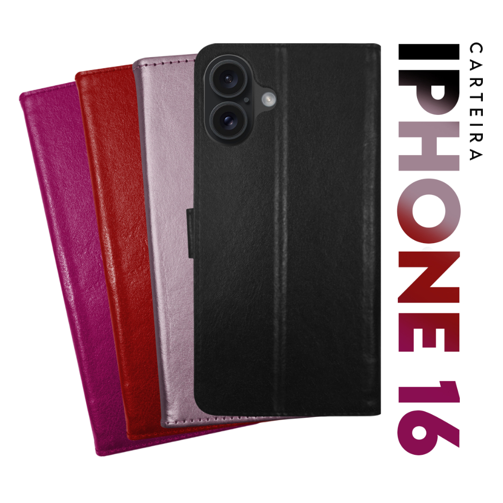 Capa Case Capinha Carteira Flip Cover Couro Sintético PRETA Para IPhone 16 tela 6.1  Cell in Power25