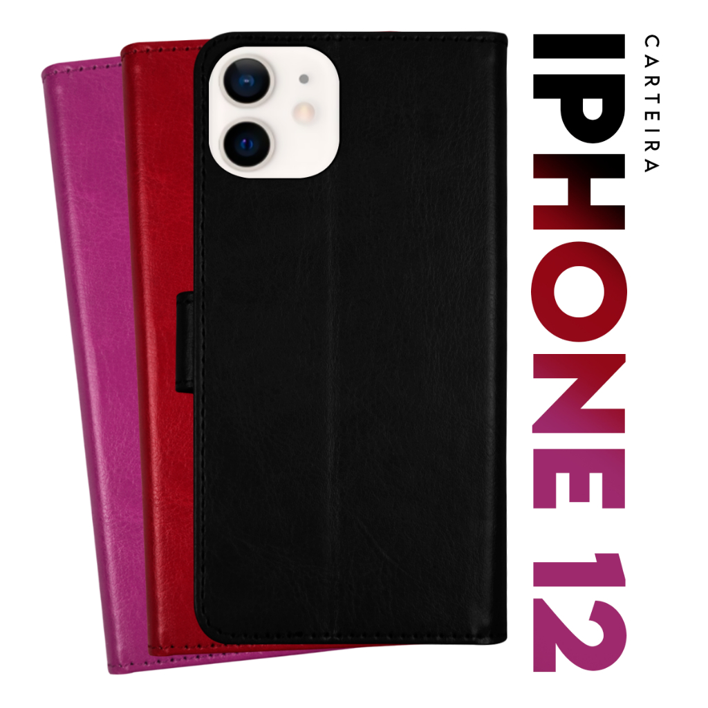 Capa Case Capinha Carteira Flip Cover Couro Sintético PRETA Para Iphone 12 tela 6.1 - Cell in Power25