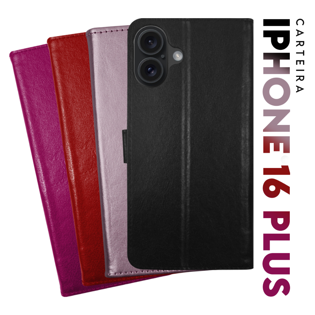 Capa Case Capinha Carteira Flip Cover Couro Sintético PRETA Para IPhone 16 Plus tela 6.7  Cell in Power25