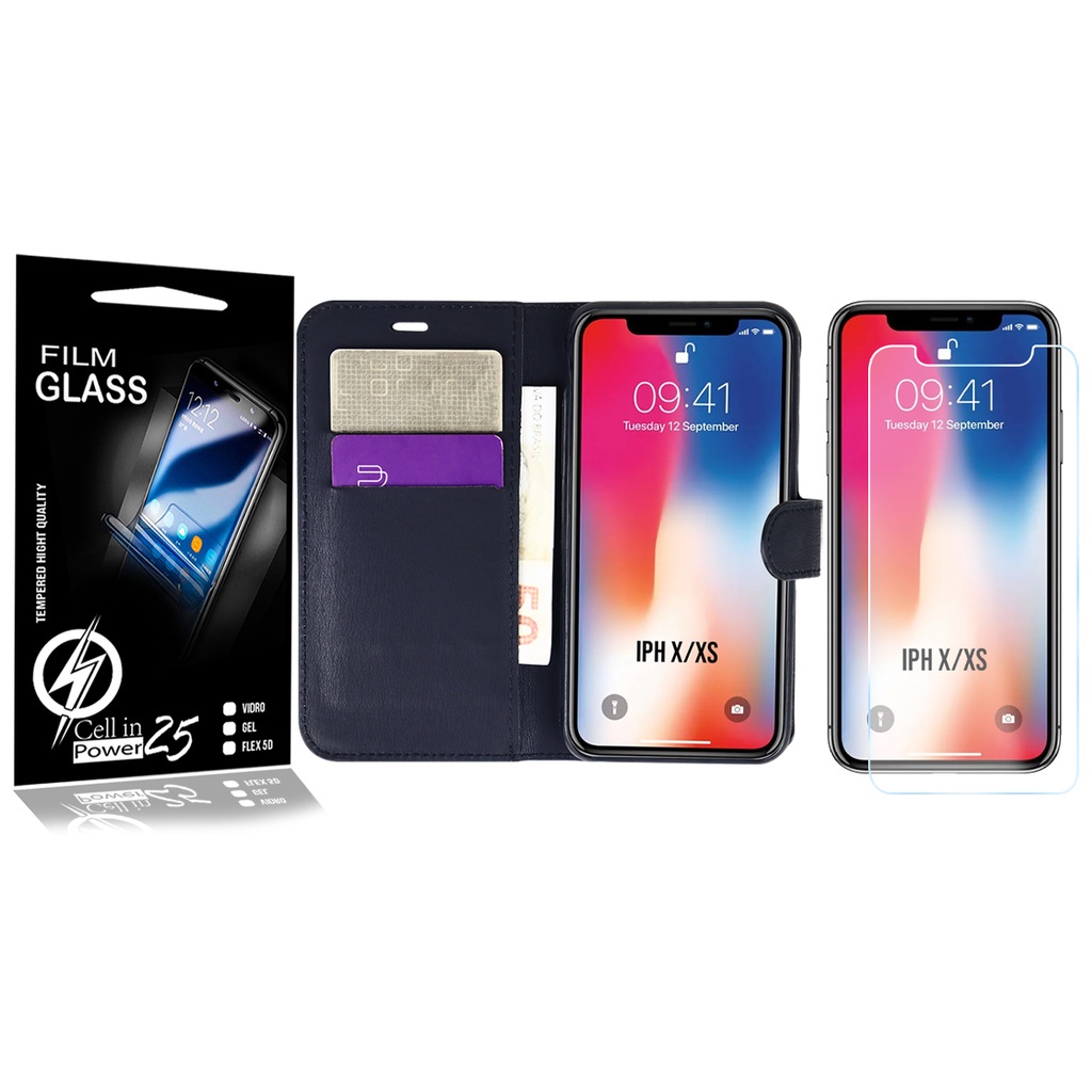 Capa Flip Carteira + 2 Películas Vidro P/ IPhone X Xs 5.8 - Cell In Power25