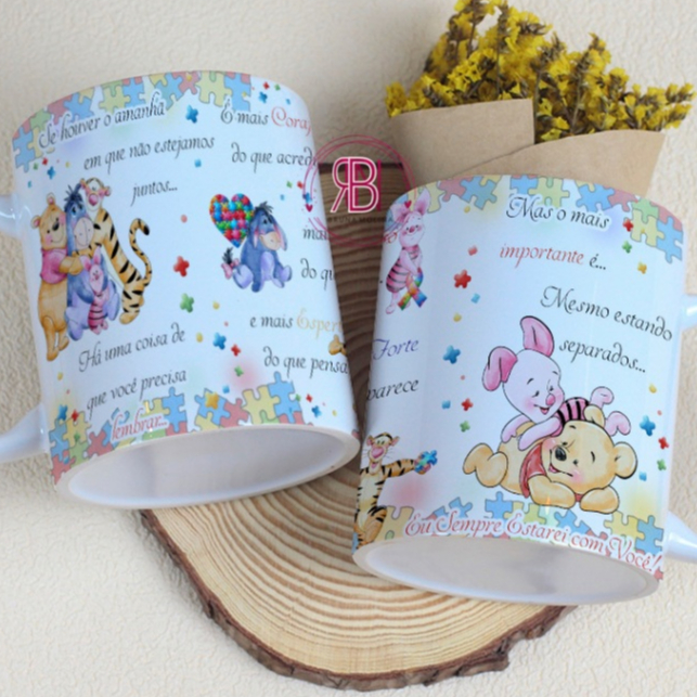 Caneca ceramica estampa Pooh e amigos Frase amizade - tea Autismo - Presente afetivo
