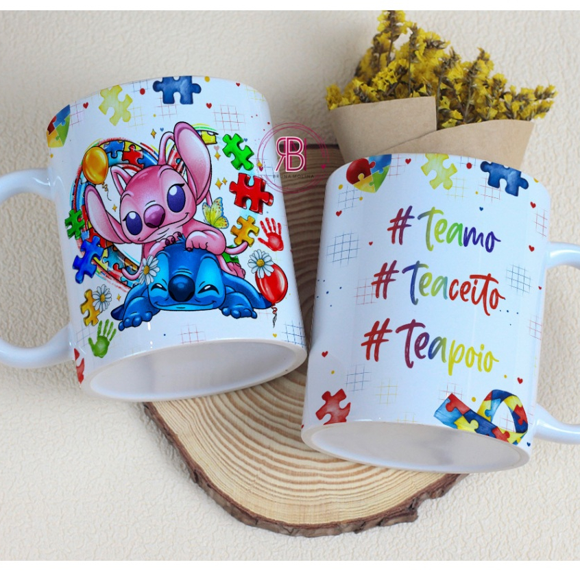 Caneca porcelana Personalizada estampada estampa Stich e Angel Autismo tea
