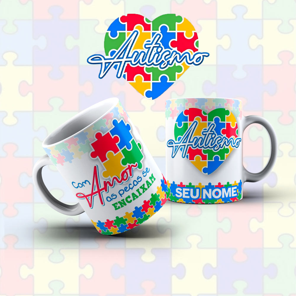 Caneca Autismo Personalizada com Nome 325ml Cerâmica TEA