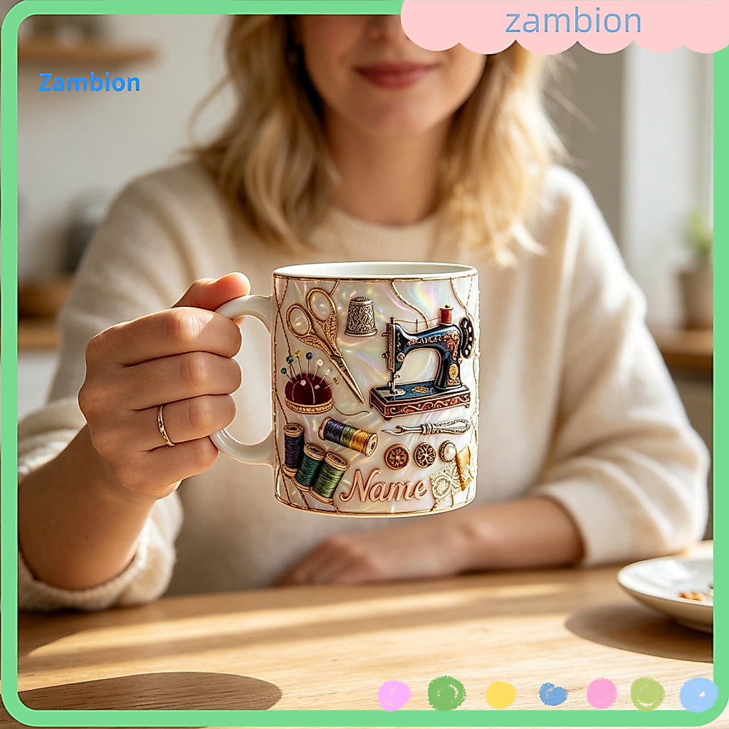Unique Craft Enthusiast Mug Capacity Coffee 3d Sewing Machine Design Ceramic with Colorful Wool Ball Tea Cup Ergonomic H