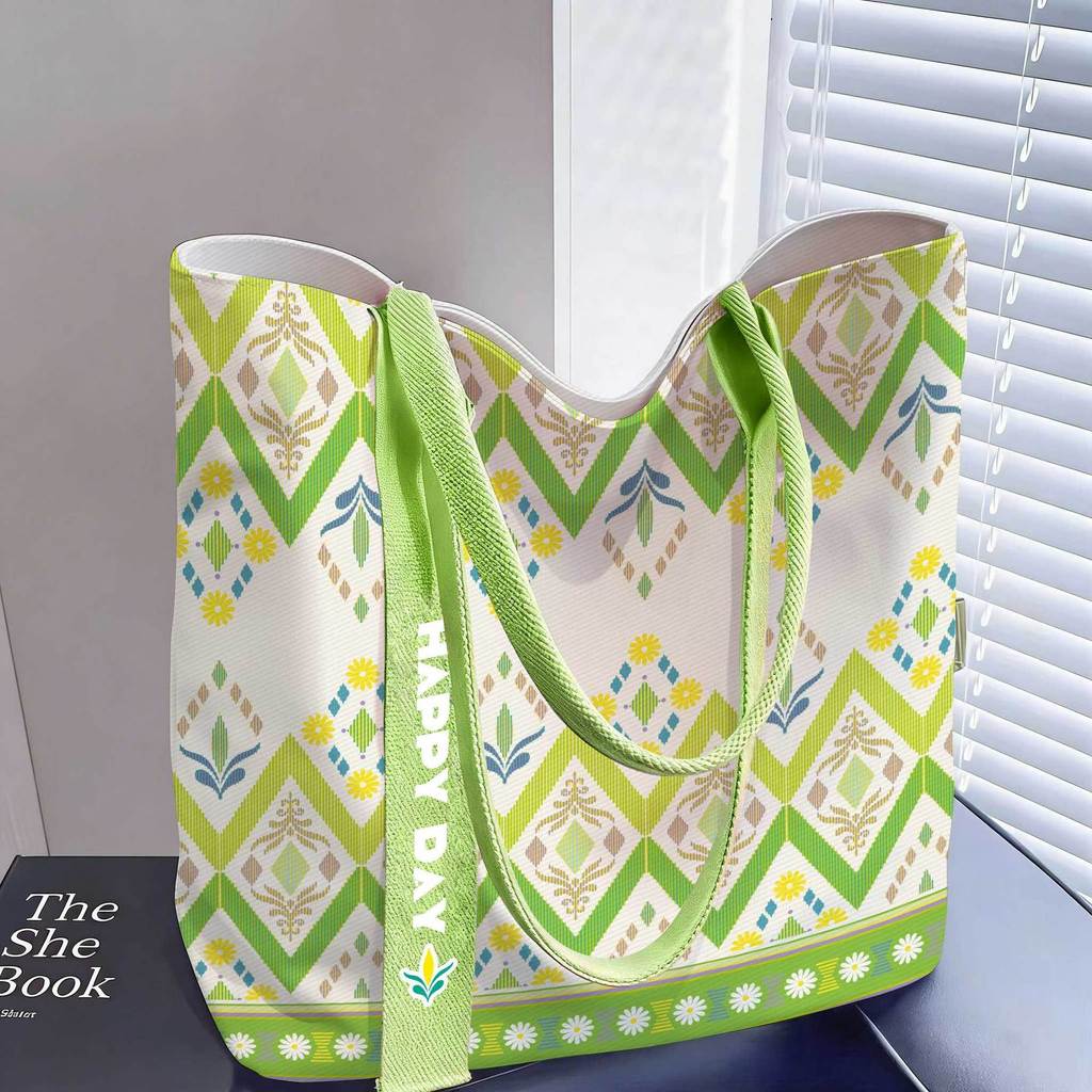 Lona Floral em tom verde fresco Bolsa Retro Diamond Print Sacola de ombro de grande capacidade Bolsa