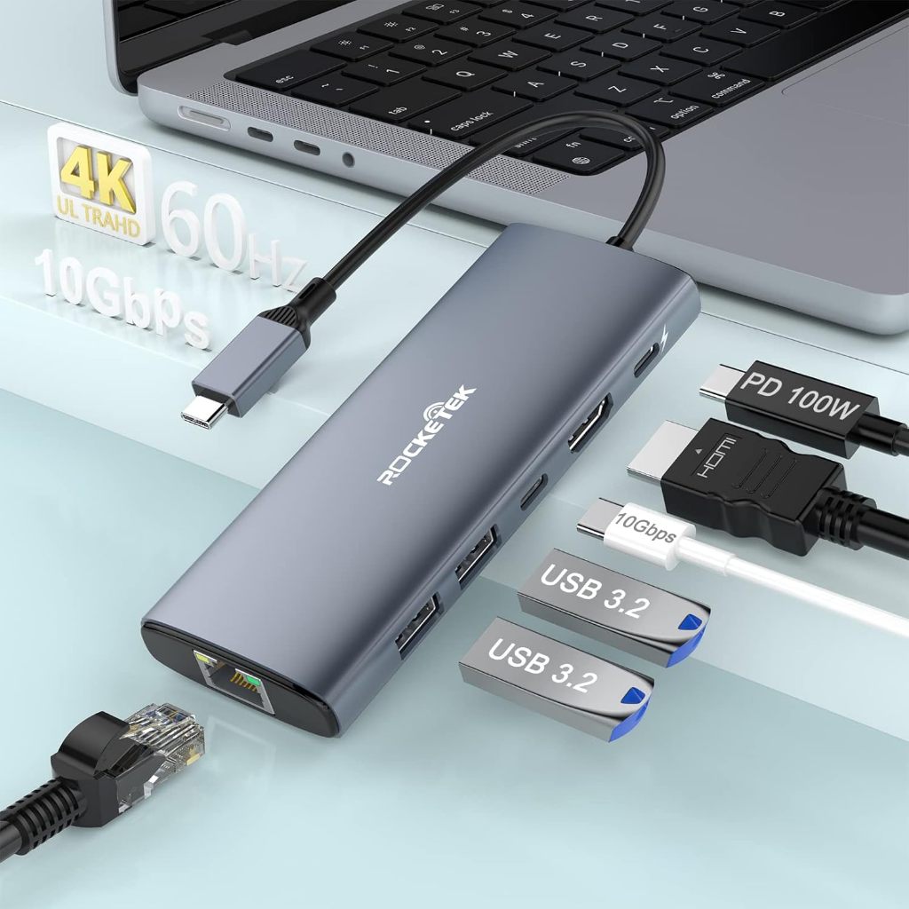 Hub USB C 10Gbps Adaptador Tipo Ethernet 4K 60Hz HDMI 100W PD Docking Station Para Laptops MacBook Pro -