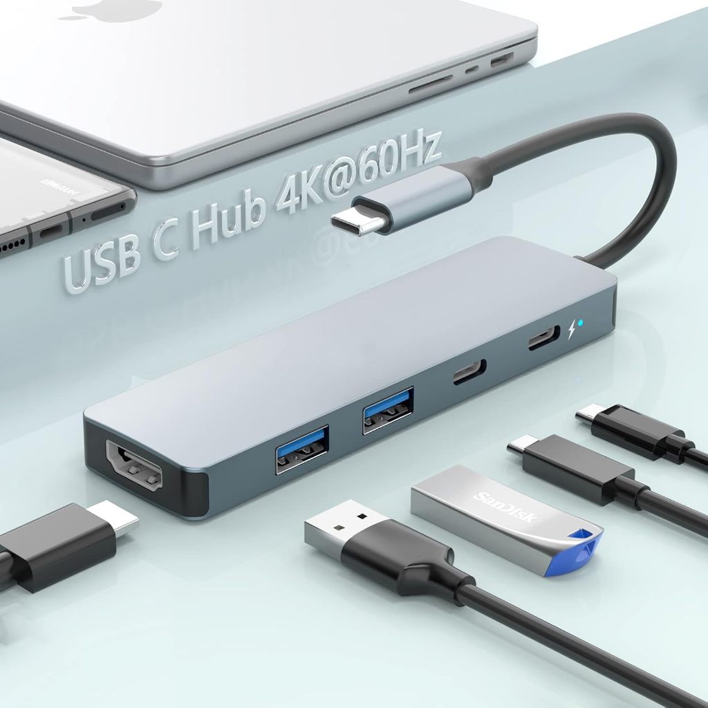 5-Em-1 USB C 3.0 Hub 4K 60Hz Multiport HDMI Adaptador 100W PD 5Gbit/s Tipo-Docking Station Para MacBook iPad Pro Portáti