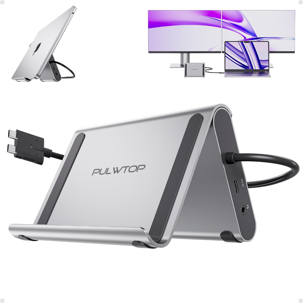 PULWTOP Docking Station Hub USBC dois monitores com HDMI, USB-C/A e Ethernet para Macbook Air/Pro M4/M5
