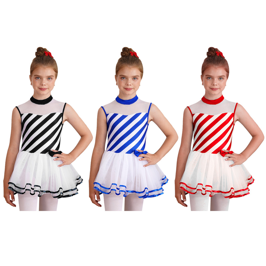 inhzoy Kids Girls Christmas Striped Dress Up Jumpsuit Sleeveless Mesh Yoke Ribbon Trim Tutu Skirt Costumes for Cosplay